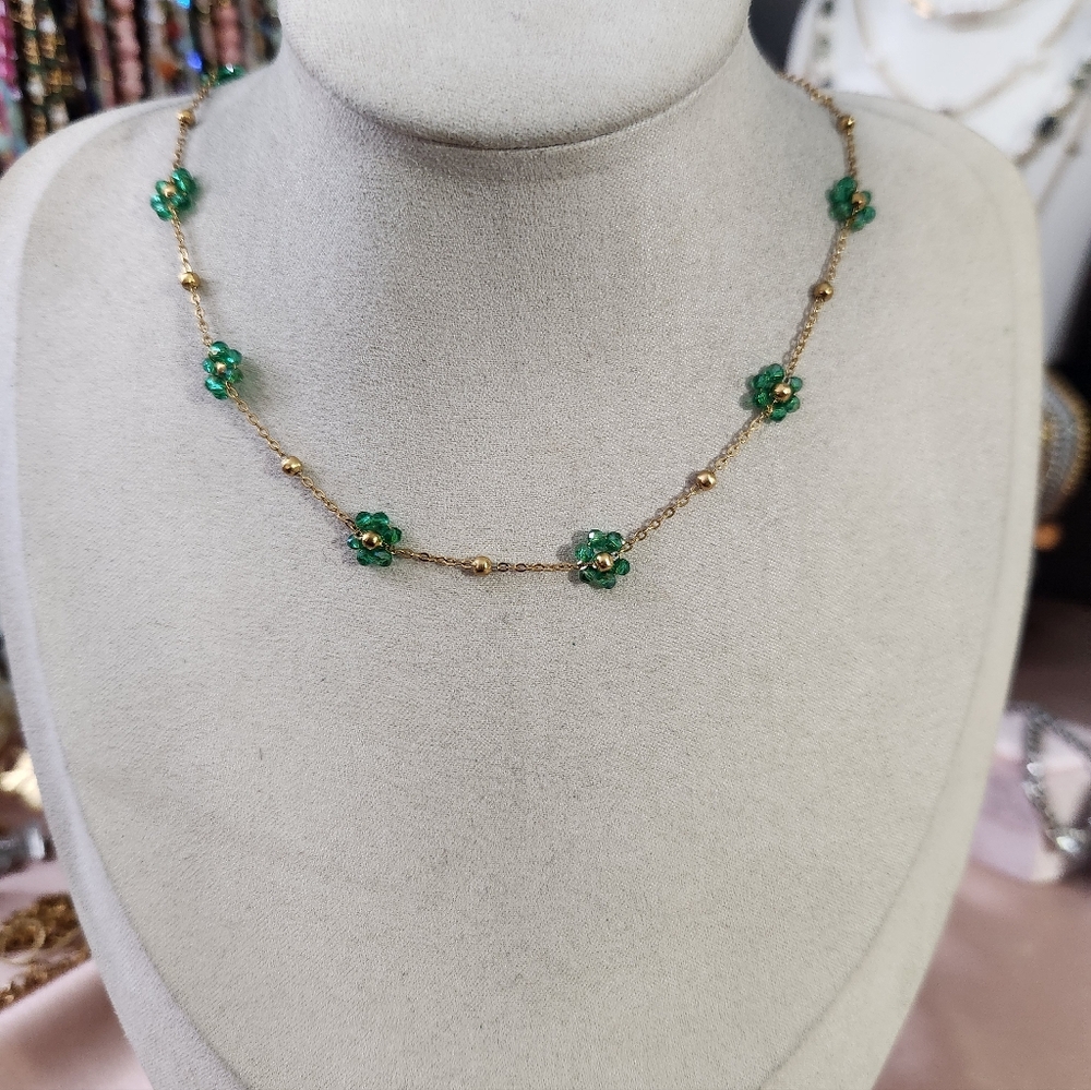 Stainless Steel Green Flower Choker  Necklace